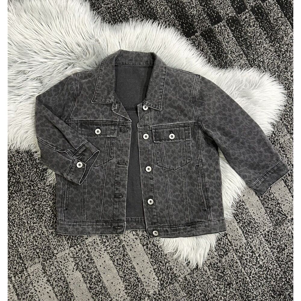 Black Denim Leopard Print Women's Jacket Size Large Button Up Denim